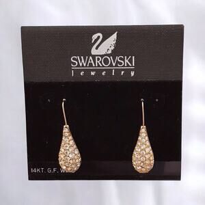 Swarovski NWT 14KT Gold Crystal Earrings Pierced Hook Pave Teardrop